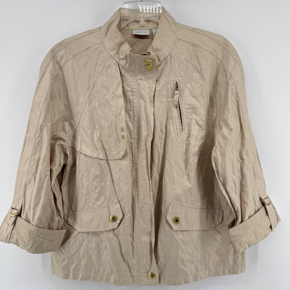 Chico's Zenergy‎ Utility Jacket Womens 2 Large Tan 3/4 Sleeve Metallic Zip